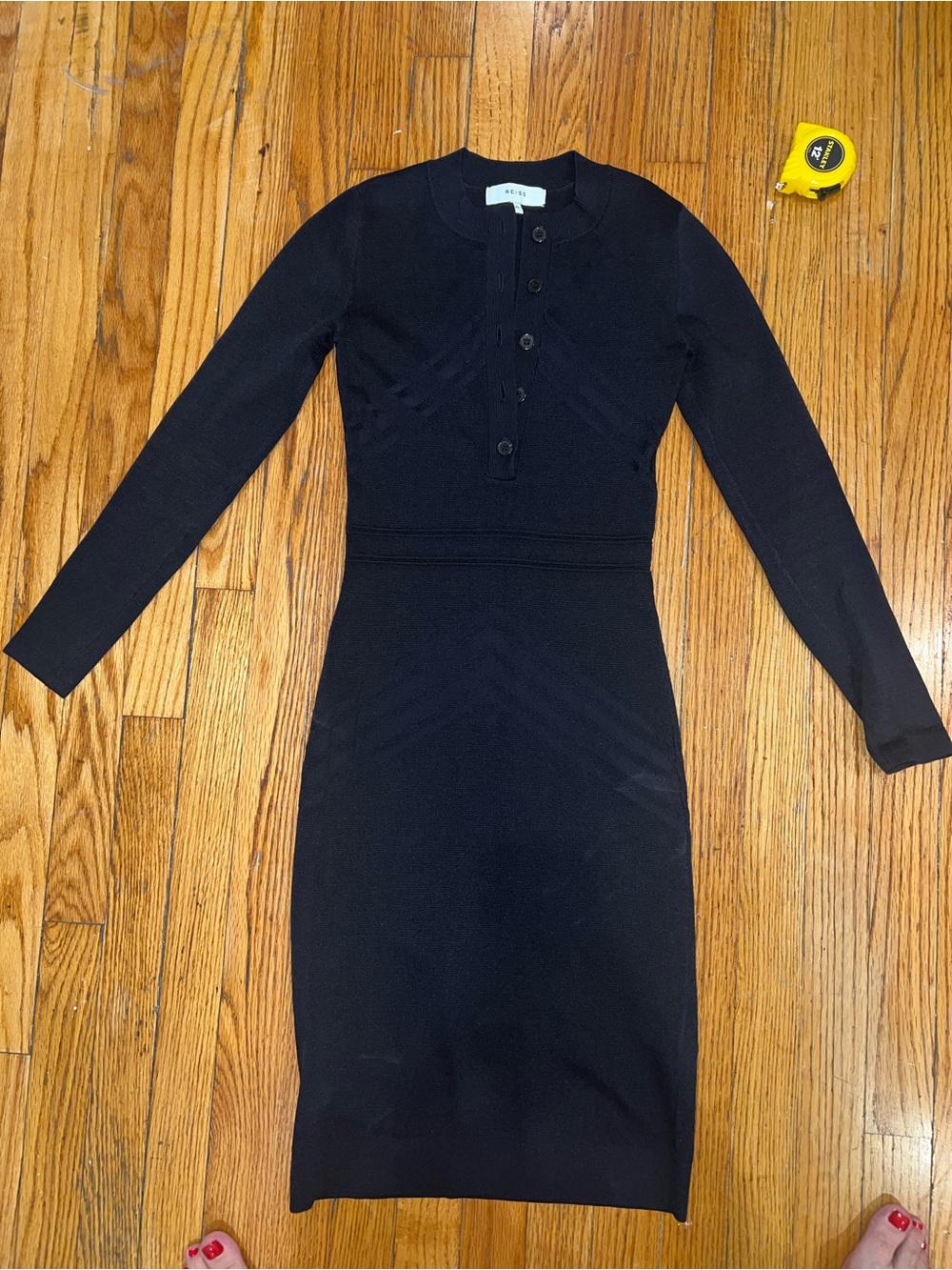 Reiss XS Dark Navy Knit Regan Bodycon Long Sleeve Button Frontr Midi Dress, sexy - Picture 2 of 9
